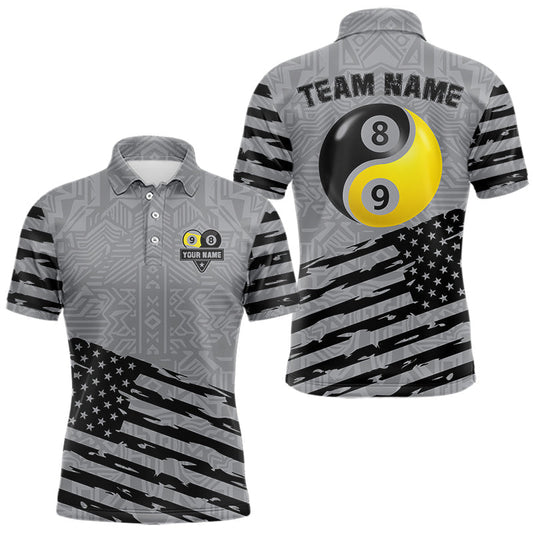 Maxcorners Grey US Flag Yin-Yang 8 & 9 Ball Billiard Shirt For Men Custom Pool Team Jersey Polo & 1/4 Zip LM1112
