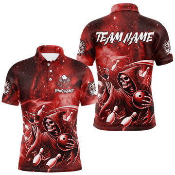 Maxcorners Funny Red Grim Reaper Galaxy Bowling Shirt For Men Custom Bowling Team Jersey Polo & 1/4 Zip