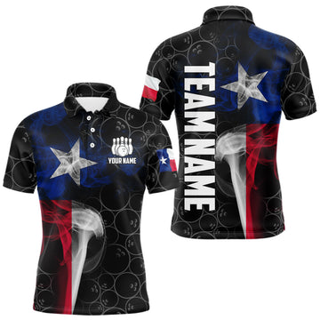 Maxcorners Personalized Texas Flag Smoke Bowling Shirt For Men, Patriotic Bowling Team Jersey Polo & 1/4 Zip
