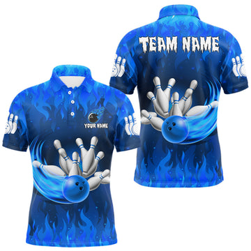 Maxcorners Personalized Flame Blue Bowling Shirt For Men Custom Fire Bowling Team Jersey Polo & 1/4 Zip