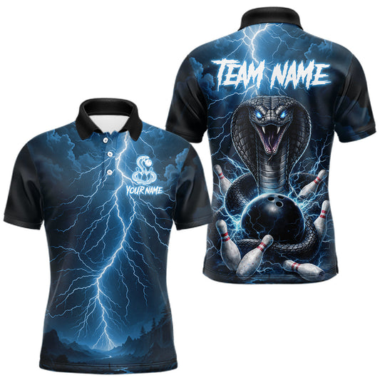 Maxcorners Custom Blue Lightning Cobra Snake Bowling Shirt For Men, Bowling Team Jersey Polo & 1/4 Zip LM1104