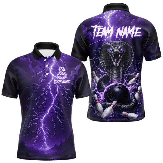 Maxcorners Custom Purple Lightning Cobra Snake Bowling Shirt For Men, Bowling Team Jersey Polo & 1/4 Zip LM1104