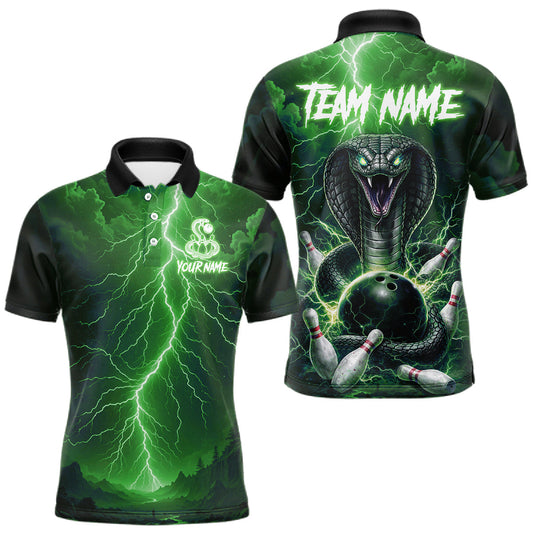 Maxcorners Custom Green Lightning Cobra Snake Bowling Shirt For Men, Bowling Team Jersey Polo & 1/4 Zip LM1104