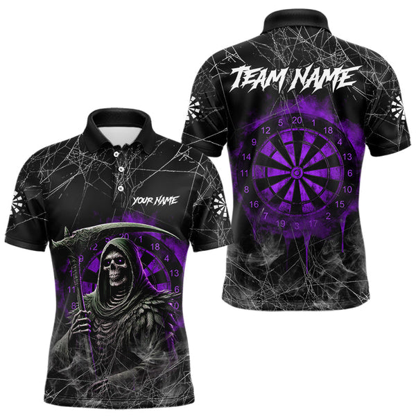 Maxcorners Black And Purple Smoke Grim Reaper Funny Dart Shirts For Men Custom Dart Jerseys, Darts Clothing
