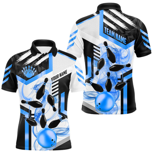 Maxcorners Custom Smoke Bowling Pins Polo & Quarter Zip Shirt For Men, Bowling League Team Jersey |Blue LM1705