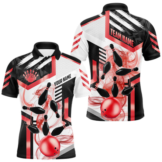 Maxcorners Custom Smoke Bowling Pins Polo & Quarter Zip Shirt For Men, Bowling League Team Jersey |Red LM1705