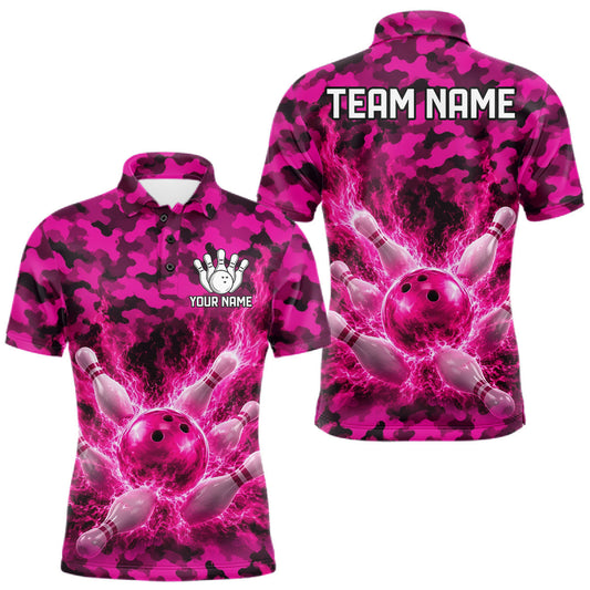 Maxcorners Custom Pink Camo Lightning Flame Bowling Jersey For Men, Bowling Team Shirts Polo & 1/4 Zip LM1705