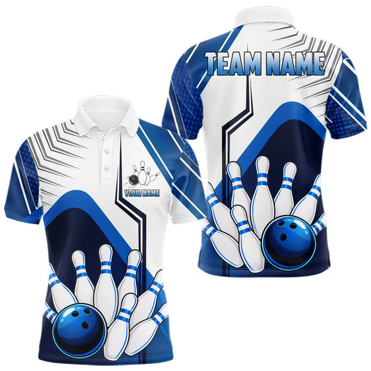 Maxcorners Custom White And Blue Bowling Ball Polo & Quarter Zip For Men, Bowling Team Shirts, Bowling Jersey LM1705