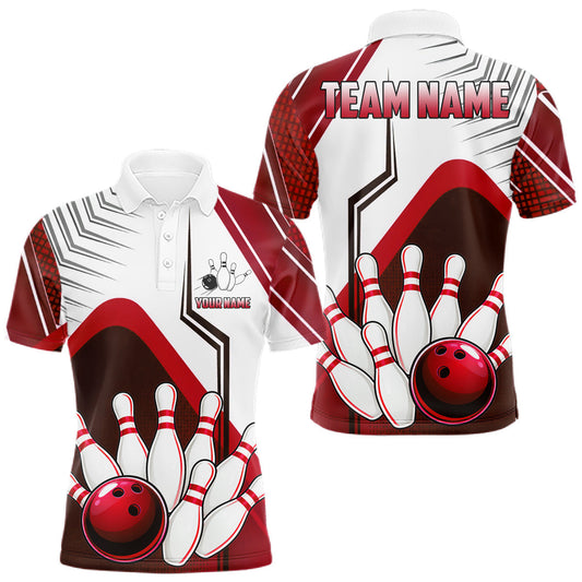 Maxcorners Custom White And Red Bowling Ball Polo & Quarter Zip For Men, Bowling Team Shirts, Bowling Jersey LM1705