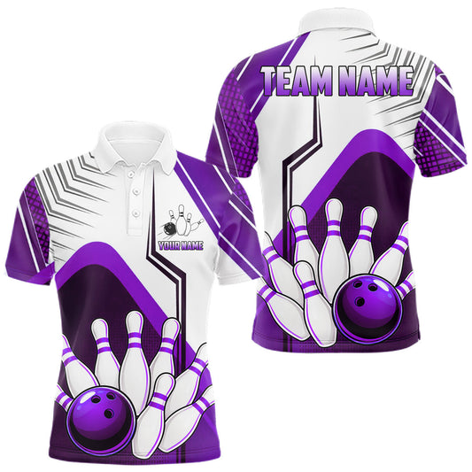 Maxcorners Custom White And Purple Bowling Ball Polo & Quarter Zip For Men, Bowling Team Shirt, Bowling Jersey LM1705