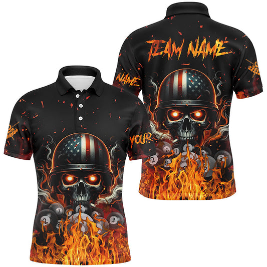 Maxcorners Billiard Funny Skull Us Flag Customized Name, Team Anme 3D Polo Shirt