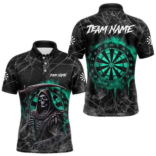Maxcorners Black And Turquoise Smoke Grim Reaper Dart Shirts For Men Custom Halloween Darts Jersey Outfit LM1203