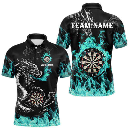 Maxcorners Personalized Turquoise Flaming Dragon Darts Shirt For Men Custom Darts Team Jersey Polo & 1/4 Zip LM1203
