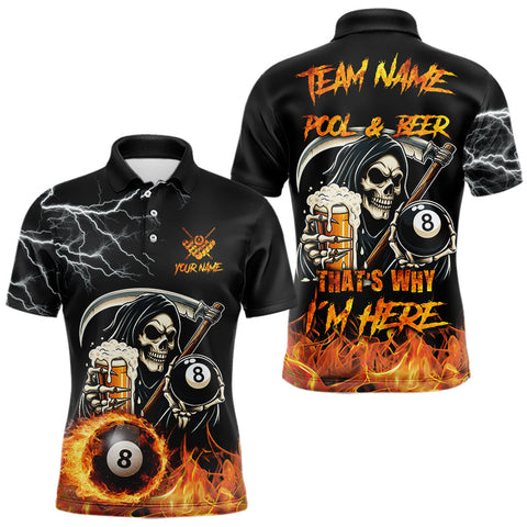 Maxcorners Personalized Grim Reaper Pool And Beer Flame Billiard Shirt For Men, Funny 8 Ball Pool Team Jersey TU1410