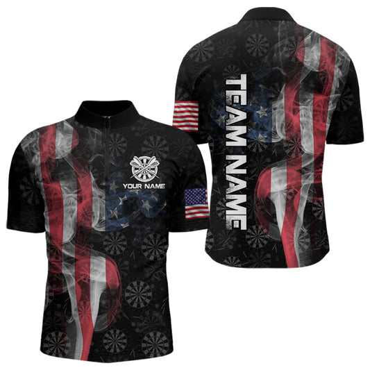 Maxcorners Smoke American Flag Darts Polo, Quarter-Zip Shirt Custom Patriotic Dart Shirts For Men Dart Jerseys