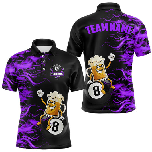 Maxcorners Purple Flaming Funny Beer 8 Ball Billiard Shirt For Men Custom Pool Team Jersey Polo & 1/4 Zip LM1202