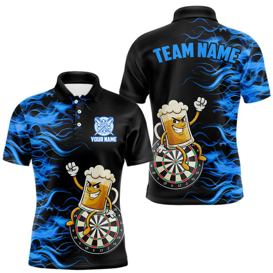 Maxcorners Blue Flaming Dartboard Funny Beer Darts Shirt For Men Custom Darts Jersey Team Polo & 1/4 Zip LM1202