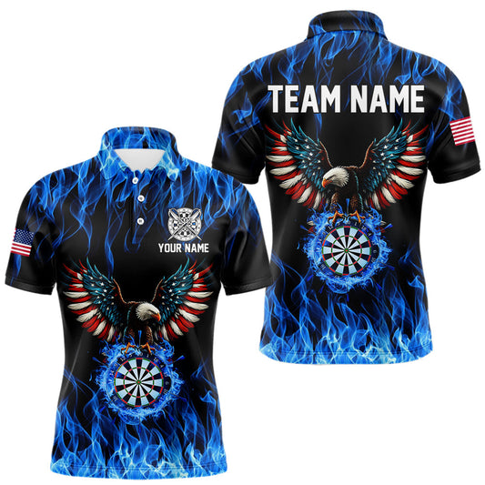 Maxcorners Blue Flaming American Flag Eagle Darts Shirt For Men Custom Darts Jersey Team Polo & 1/4 Zip LM1202