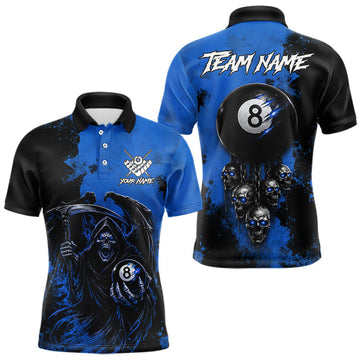 Blue Grim Reaper 8 Ball Billiard Shirt For Men Custom Skull Pool Team Jersey Polo & 1/4 Zip LM1203