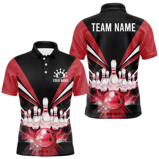 Maxcorners Black And Red Bowling Jersey For Men Custom Strike Lightning Bowling Team Jersey Polo & 1/4 Zip LM1705