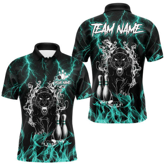 Maxcorners Custom Turquoise Flaming Panther Bowling Shirts For Men, Bowling Team League Jersey Polo & 1/4 Zip LM1406