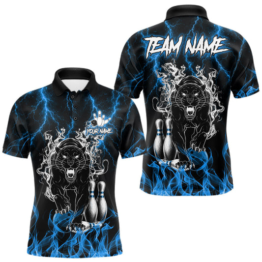 Maxcorners Personalized Blue Flaming Panther Bowling Shirts For Men, Bowling Team League Jersey Polo, 1/4 Zip LM1406