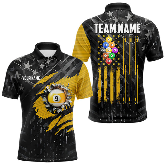 Maxcorners Yellow Black American Flag 9 Ball Pool Men's Billiard Shirt Custom Billiard Jersey Polo, 1/4 Zip LM1705