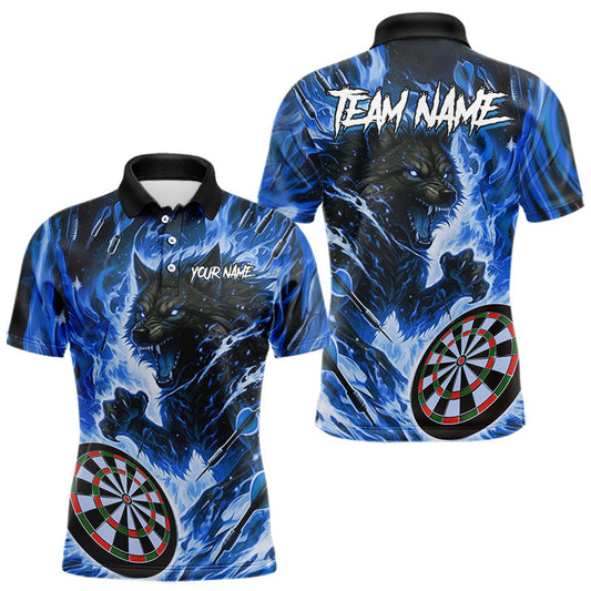 Maxcorners Blue Flaming Wolf Dartboard Jersey For Men Custom Darts League Team Shirt Polo & Quarter Zip LM2603