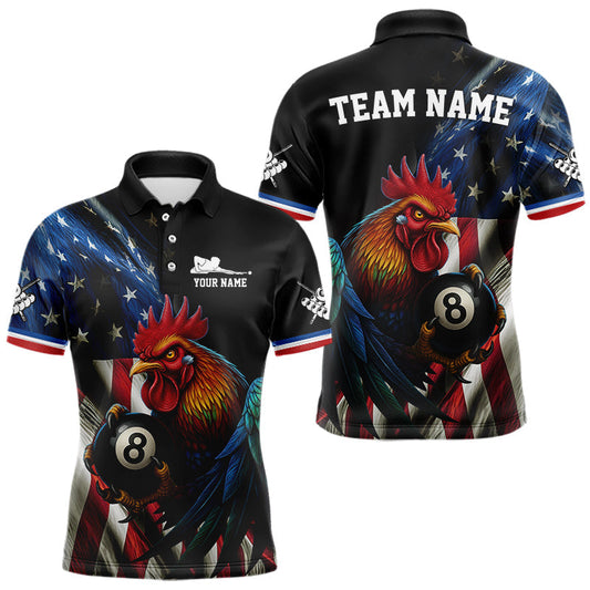 Maxcorners American Flag Rooster 8 Ball Men Billiard Polo & 1/4 Zip Custom Patriotic Team Billiard Jersey LM2603