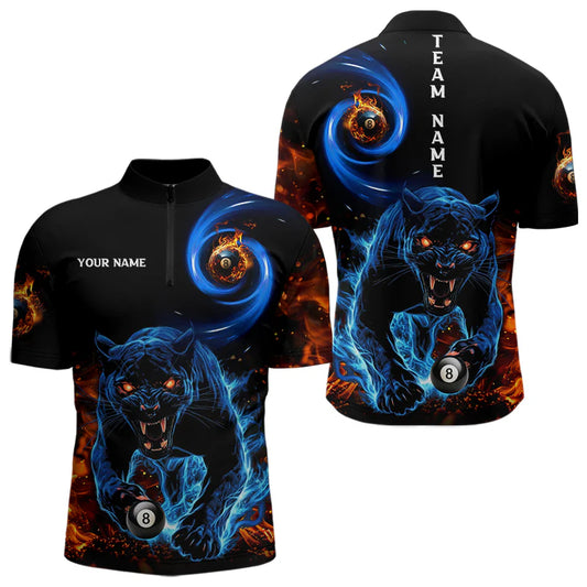 Maxcorners Personalized Orange And Blue Flaming 3D Panther Billiard Shirts For Men And Women, Cool Team Billiard Jerseys