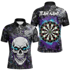 Maxcorners Blue Purple Grunge Skull Darts Polo & 1/4 Zip For Men Custom Darts Team Jersey, Funny Darts Gifts LM1812