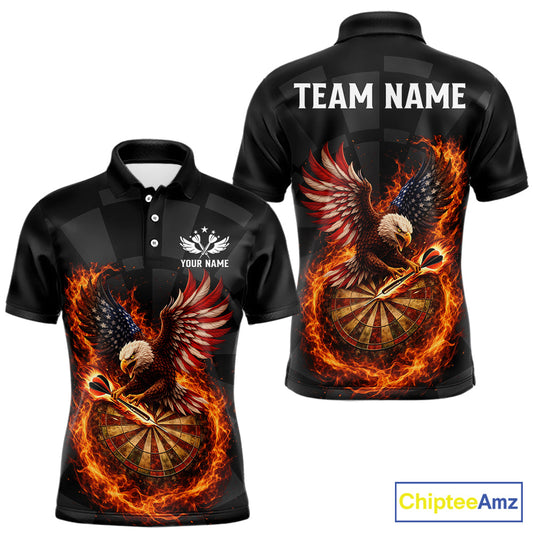 Maxcorners Personalized Fire Flame US Flag Eagle Darts Shirt For Men Custom Darts Jersey Team Polo & 1/4 Zip LM1501