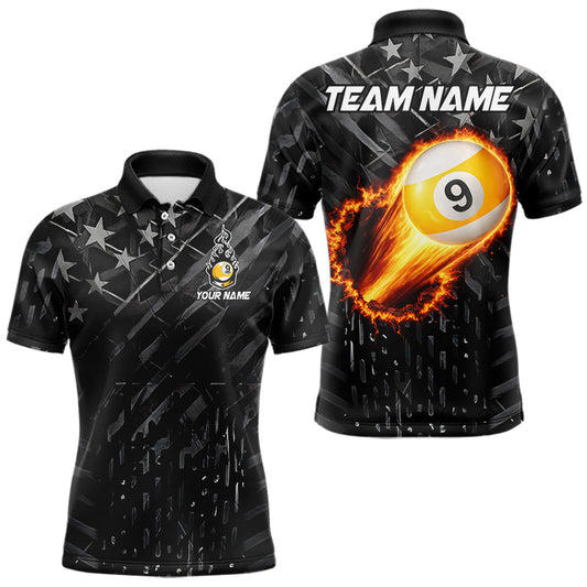 Maxcorners Black US Flag 9 Ball Fire Billiard Shirt For Men Custom Billiard Team Jersey Polo & 1/4 Zip