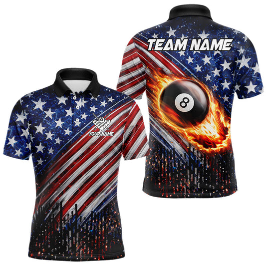 Maxcorners American Flag Fire 8 Ball Pool Billiard Shirt For Men Custom Billiard Team Jersey Polo & 1/4 Zip