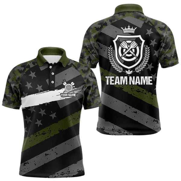 Maxcorners Green Military Camo US Flag Darts Jersey For Men Custom Grunge Darts Shirt Team Polo & Quarter Zip LM1610
