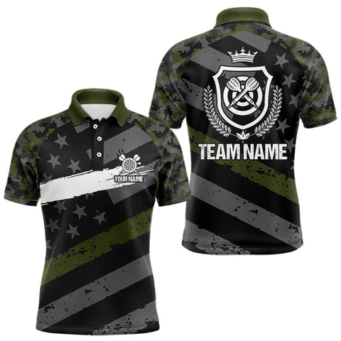 Maxcorners Green Military Camo US Flag Darts Jersey For Men Custom Grunge Darts Shirt Team Polo & Quarter Zip LM1610