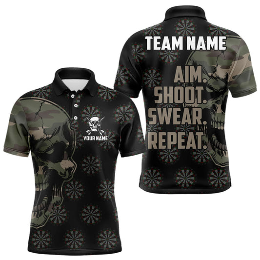 Maxcorners Funny Camo Darts Skull Aim Shoot Swear Repeat Custom Dart Shirts For Men, Vintage Dart Team Jerseys