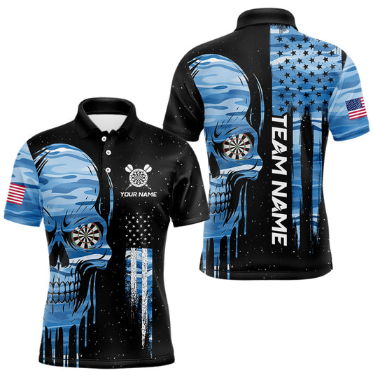 Maxcorners Blue Camo Skull American Flag Dart Shirt For Men Custom Patriotic Dart Jersey Team Polo & 1/4 Zip LM1501