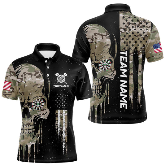 Maxcorners Black Grunge Camo Skull Us Flag Dart Shirt For Men Custom Patriotic Dart Jersey Team Polo, 1/4 Zip LM1501