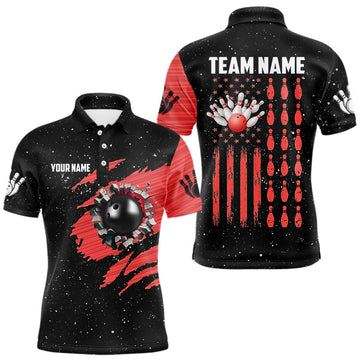 Maxcorners Custom Red Grunge American Flag Bowling Shirt For Men, Patriotic Bowling Team Jersey Polo, 1/4 Zip LM1708