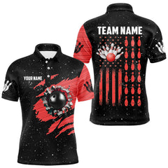 Maxcorners Custom Red Grunge American Flag Bowling Shirt For Men, Patriotic Bowling Team Jersey Polo, 1/4 Zip LM1708