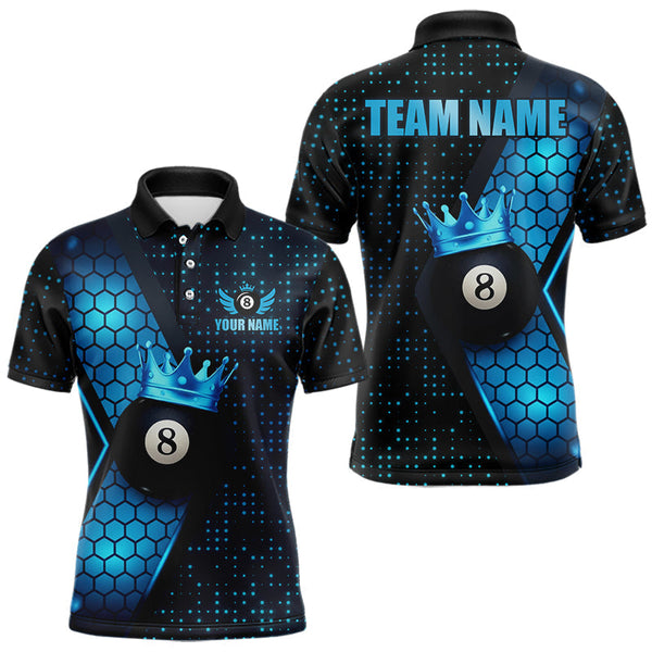 Maxcorners Personalized Blue 8 Ball Pool Crown Hexagon Billiard Shirt For Men, Billiard League Team Jersey MT1810