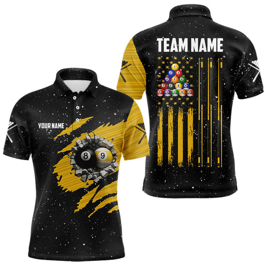Maxcorners Yellow Black Grunge US Flag 8 Ball & 9 Ball Pool Men's Billiard Shirt Custom Billiard Team Jersey