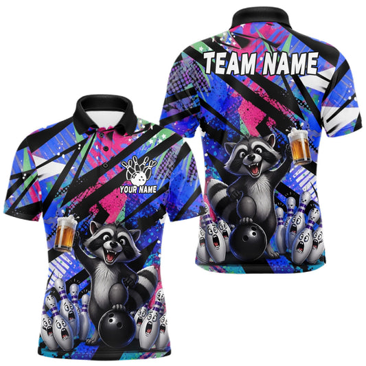 Maxcorners Funny Raccoon Colorful Graffiti Bowling Jersey For Men Custom Bowling Polo & 1/4 Zip Team Shirts LM1705