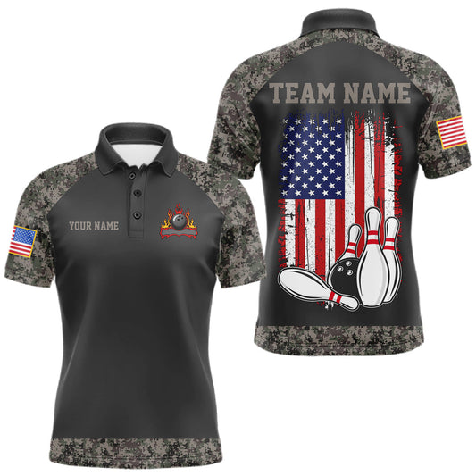 Maxcorners Personalized Retro Camo American Flag Bowling Shirts For Men Custom Patriotic Bowling Team Jersey
