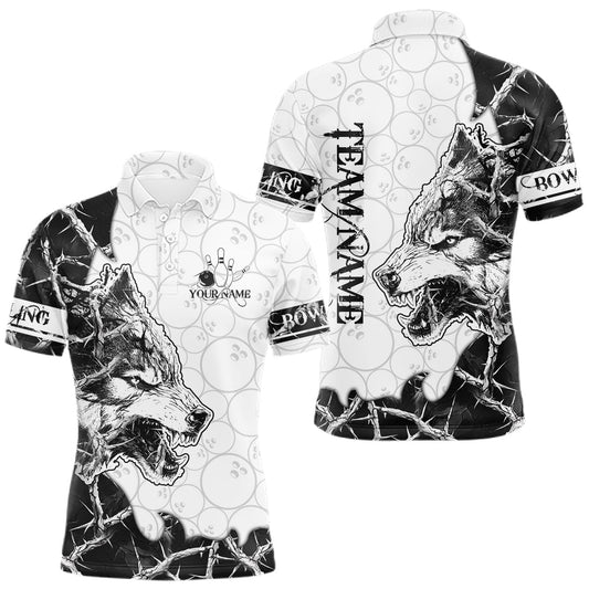Maxcorners White Black Thorny Camo Wolf Bowling Shirt For Men Custom Bowling Team Jersey Polo & 1/4 Zip LM1904