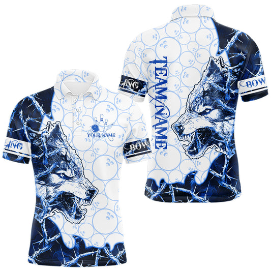 Maxcorners Personalized Blue Thorny Camo Wolf Bowling Shirt For Men Custom Bowling Team Jersey Polo & 1/4 Zip LM1904