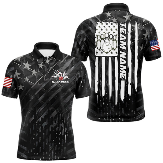 Maxcorners Black American Flag Bowling Polo & Quarter Zip Shirts For Men Custom Patriotic Bowling Team Jersey