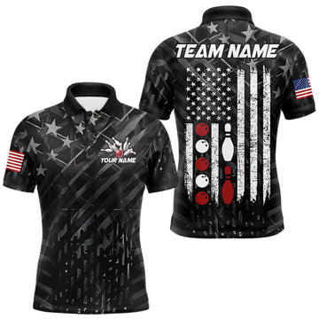 Maxcorners Black American Flag Patriotic Bowling Shirts For Men Custom Bowling Team Jersey Polo & Quarter Zip