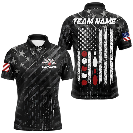 Maxcorners Black American Flag Patriotic Bowling Shirts For Men Custom Bowling Team Jersey Polo & Quarter Zip
